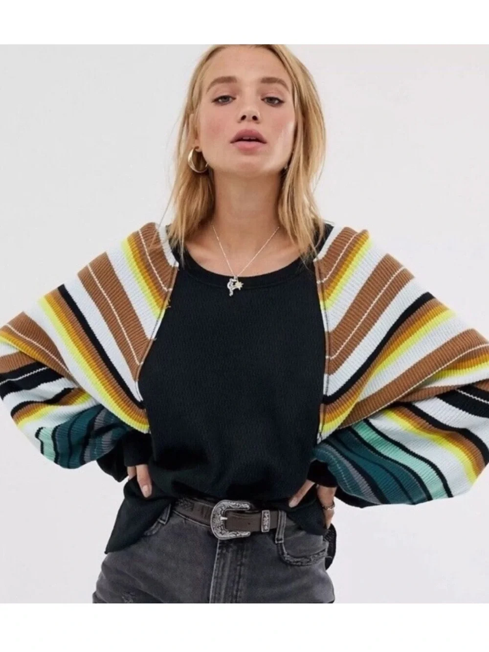 Free People Rainbow Stripes Waffle Knit Top with Striped Balloon Sleeves
